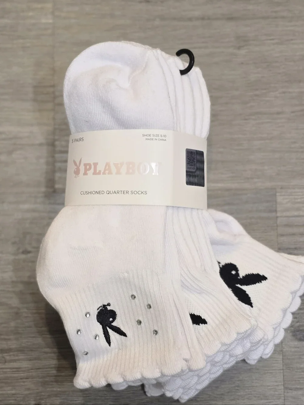 Playboy Bunny Rhinestone Logo Cushioned Ruffled Quarter Socks - 5-Pack